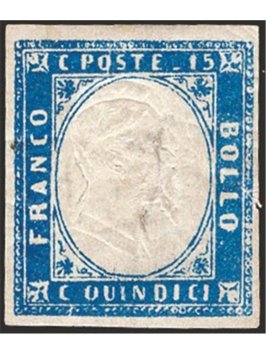 Italia 1863 Vitt. Emanuele 15 c. azzurro con doppia effigie n° 11k. Firm. Chia Cert. CiBaFil Cat. € 300 (*)