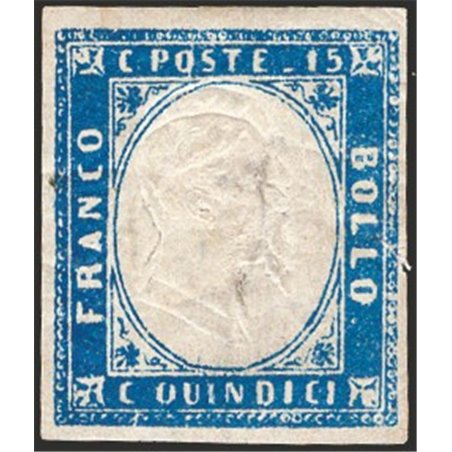 Italia 1863 Vitt. Emanuele 15 c. azzurro con doppia effigie n° 11k. Firm. Chia Cert. CiBaFil Cat. € 300 (*)