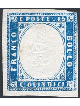 Italy 1863 Victor Emmanuel trial stamp 15 c. blue featuring the numeral “1” in place of the effigy no. 11. Signed AD and others 