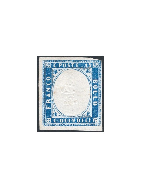 Italy 1863 Victor Emmanuel trial stamp 15 c. blue featuring the numeral “1” in place of the effigy no. 11. Signed AD and others 