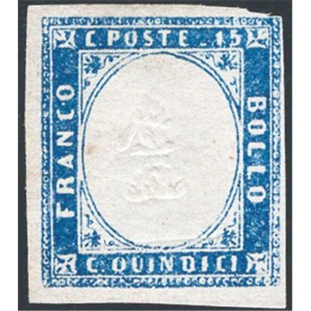 Italy 1863 Victor Emmanuel trial stamp 15 c. blue featuring the numeral “1” in place of the effigy no. 11. Signed AD and others 