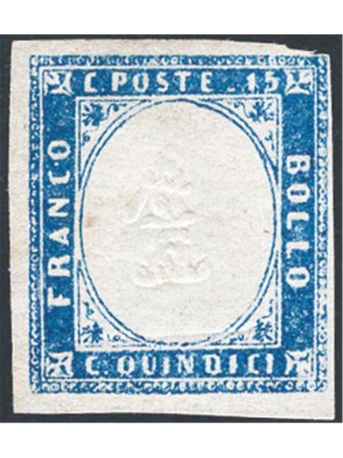Italia 1863 Vitt. Emanuele saggio 15 c. azzurro che presenta la cifra “1” al posto dell'effigie n° 11. Firm. AD ed altro (*)