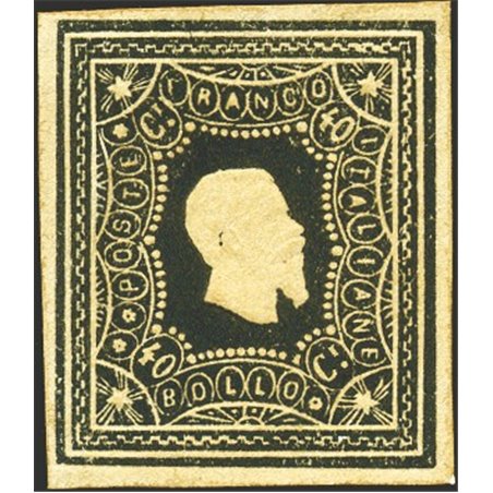 Italia 1864 Saggio Giuseppe Re effigie di Vitt. Emanuele II 40 c. nero Cert. Biondi (**)