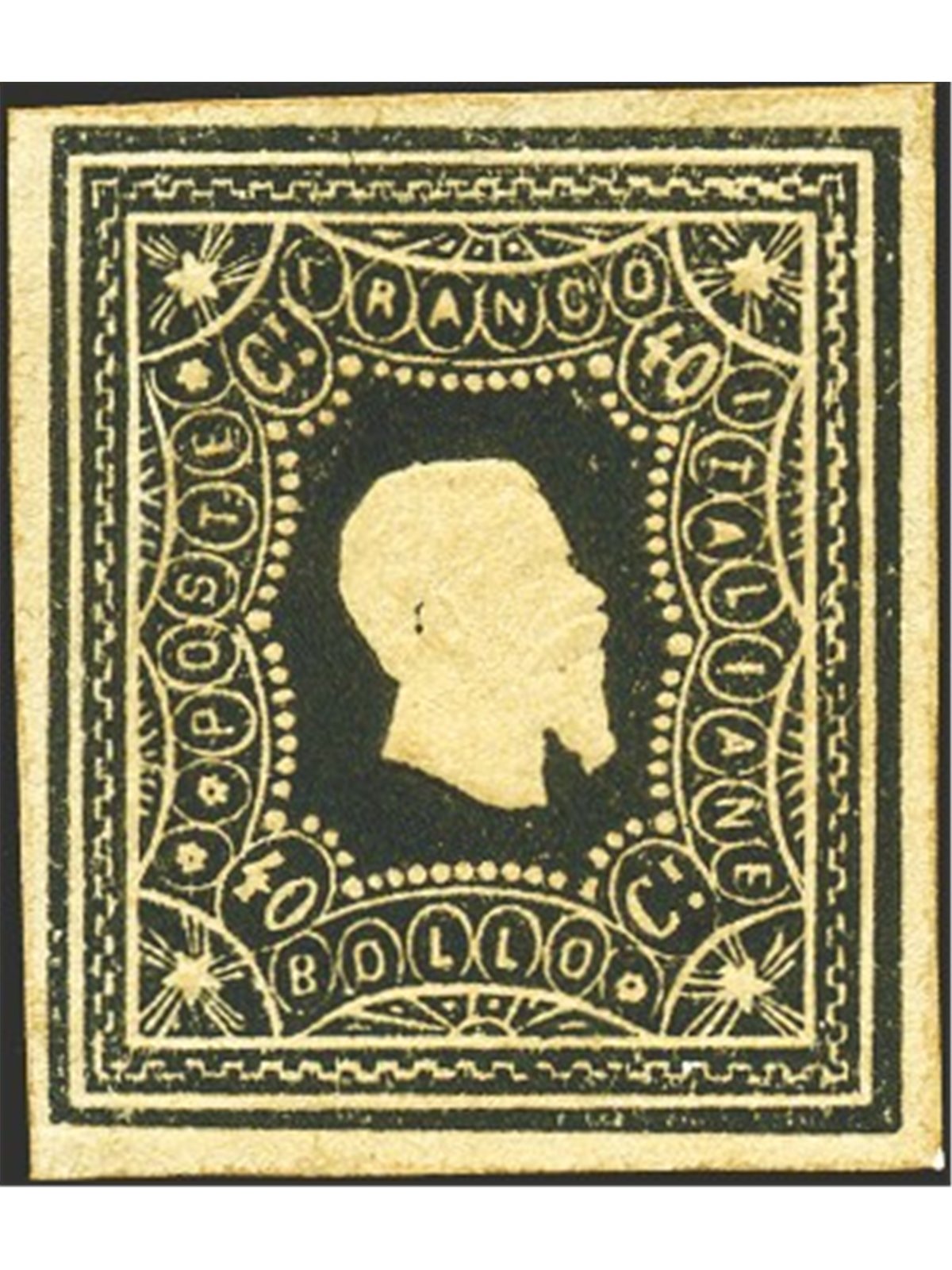 Italia 1864 Saggio Giuseppe Re effigie di Vitt. Emanuele II 40 c. nero Cert. Biondi (**)