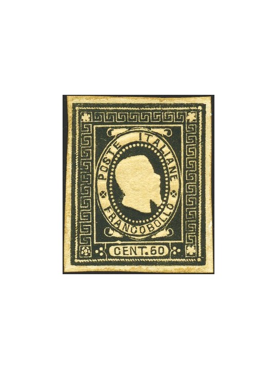 Italia 1864 Saggio Giuseppe Re effigie di Vitt. Emanuele II 60 c. nero Cert. Biondi (**)