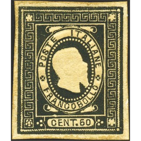 Italia 1864 Saggio Giuseppe Re effigie di Vitt. Emanuele II 60 c. nero Cert. Biondi (**)