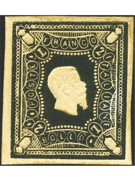 Italia 1864 Saggio Giuseppe Re effigie di Vitt. Emanuele II 2 £ nero Cert. Biondi (**)