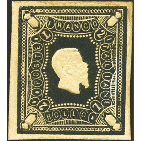 Italia 1864 Saggio Giuseppe Re effigie di Vitt. Emanuele II 2 £ nero Cert. Biondi (**)