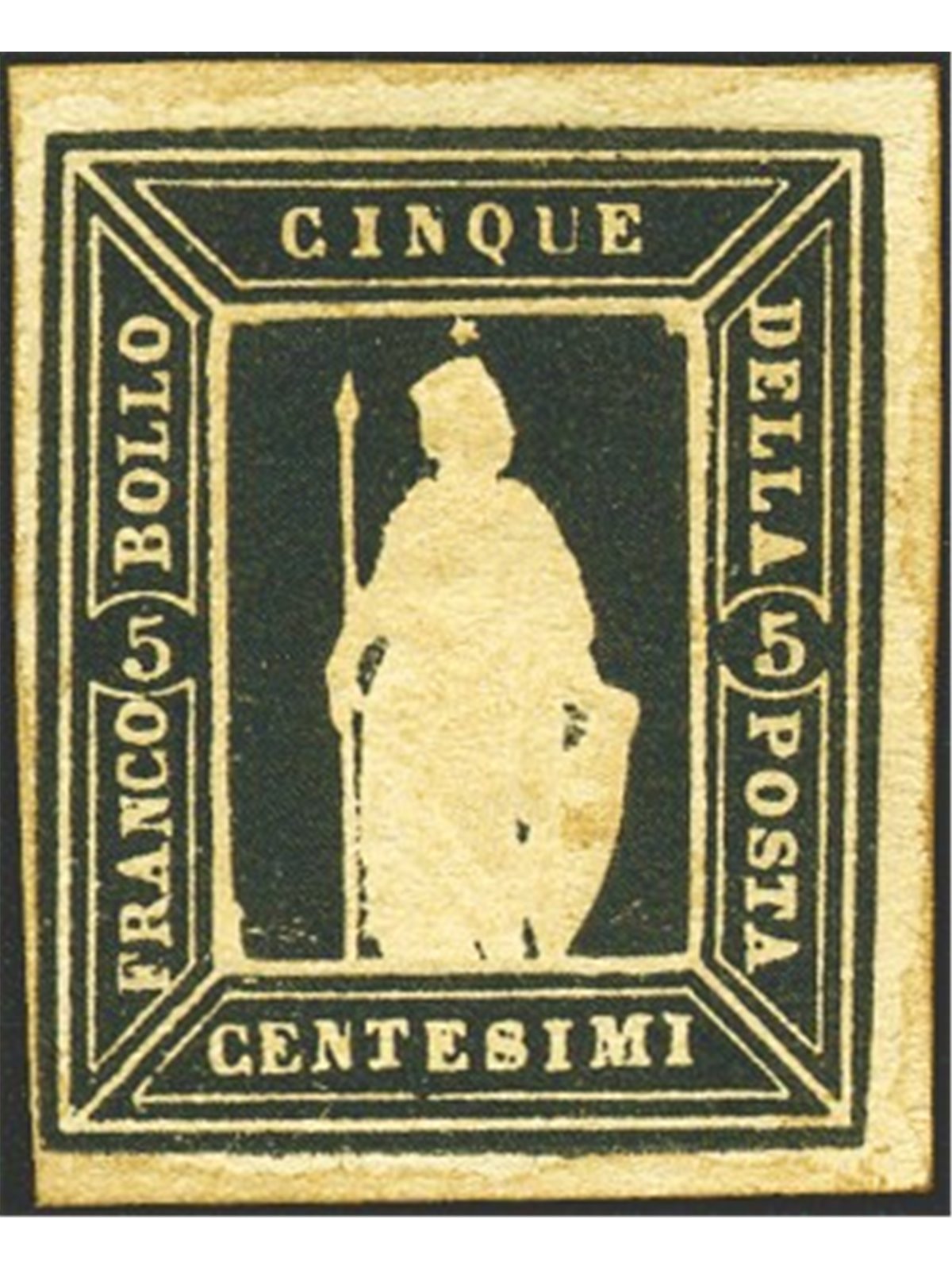 Italia 1862 Saggio Thermignon Allegoria dell'Italia 5 c. nero Cert. Biondi (**)