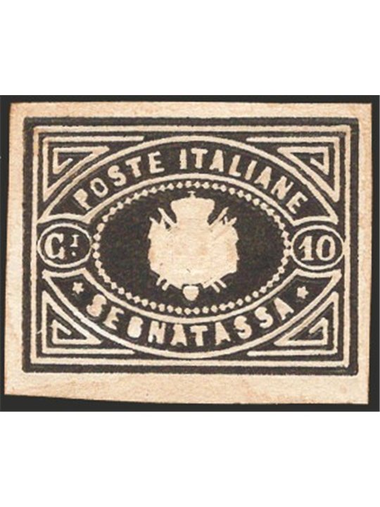 Italia 1864 Saggio Giuseppe Re segnatasse stemma sabaudo 10 c. nero Cert. Biondi (**)