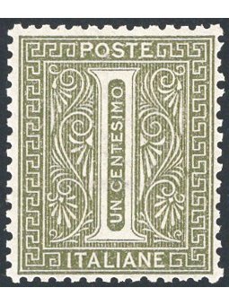 Italia 1863 Cifra 1 c. verde grigio chiaro tiratura di Londra n° L14 con ottima centratura. Firm. Chia Cert. CiBaFil Cat. € 6.00