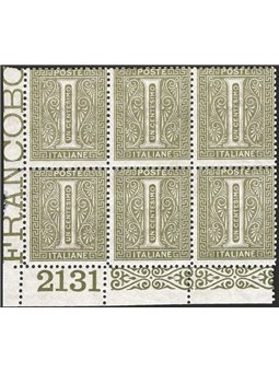 Italy 1863 Cipher 1 1 cent in a block of 6 upper corner of the sheet with the number “2131” (**)