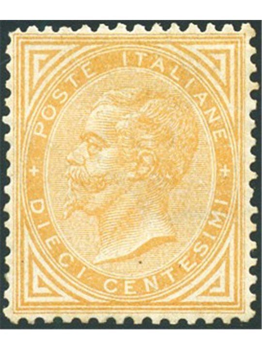 Italia 1863 Vitt. Emanuele 10 c. ocra arancio n° L17 con ottima centratura. Firm. AD Cert. Biondi Cat. € 19.000 (*)