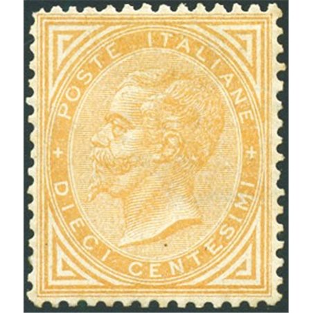 Italia 1863 Vitt. Emanuele 10 c. ocra arancio n° L17 con ottima centratura. Firm. AD Cert. Biondi Cat. € 19.000 (*)