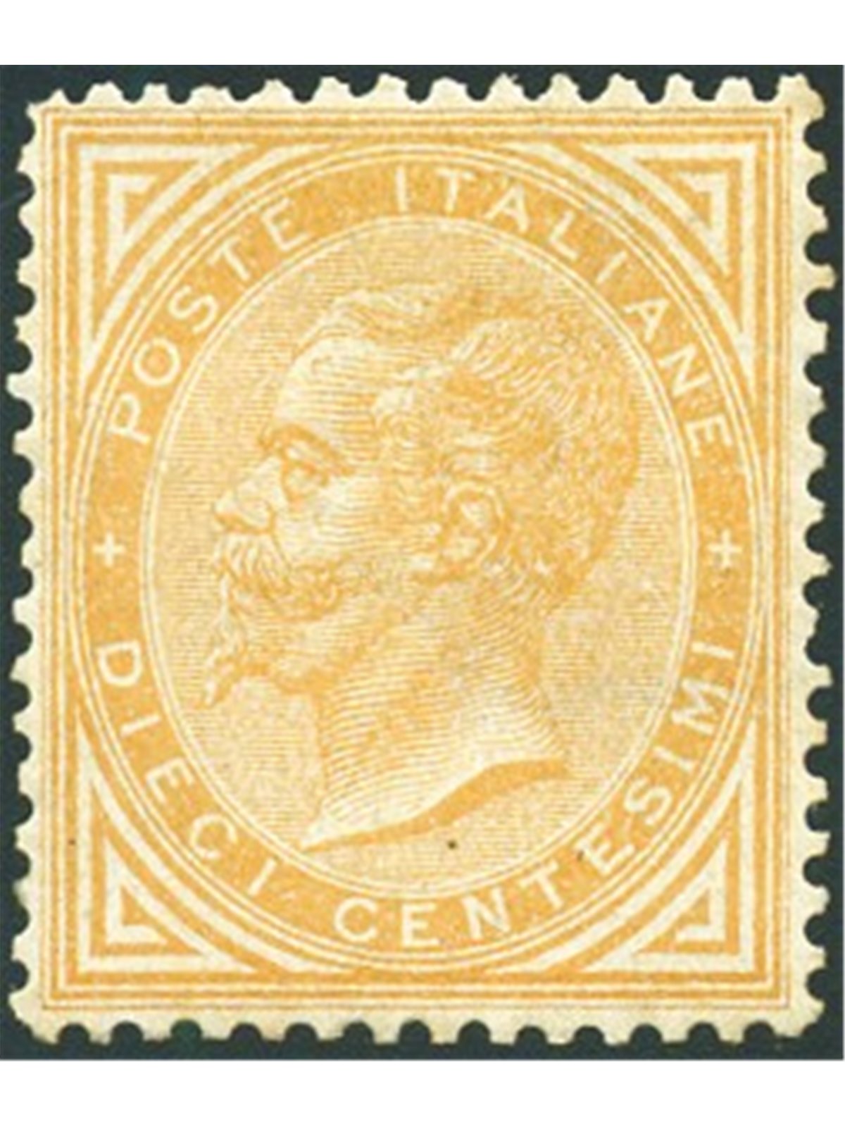 Italia 1863 Vitt. Emanuele 10 c. ocra arancio n° L17 con ottima centratura. Firm. AD Cert. Biondi Cat. € 19.000 (*)