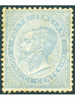 Italia 1863 Vitt. Emanuele 15 c. celeste smorto n° L18 con ottima centratura ed impercettibile traccia di linguella Cert. Biondi