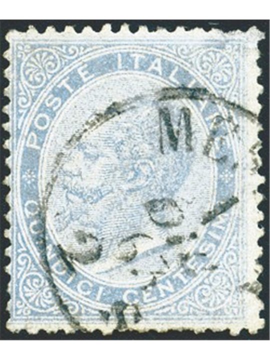 Italia 1863 Vitt. Emanuele 15 c. celeste smorto n° L18 con annullo primo giorno Cert. Biondi (U)