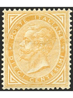 Italia 1863 Vitt. Emanuele 10 c. giallo n° T17 con ottima centratura Cert. Biondi Cat. € 19.000 (*)