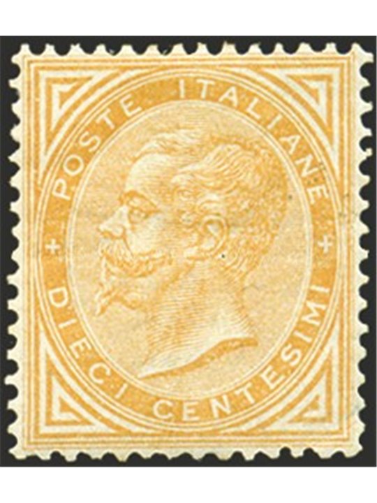 Italia 1863 Vitt. Emanuele 10 c. giallo n° T17 con ottima centratura Cert. Biondi Cat. € 19.000 (*)
