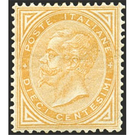 Italia 1863 Vitt. Emanuele 10 c. giallo n° T17 con ottima centratura Cert. Biondi Cat. € 19.000 (*)