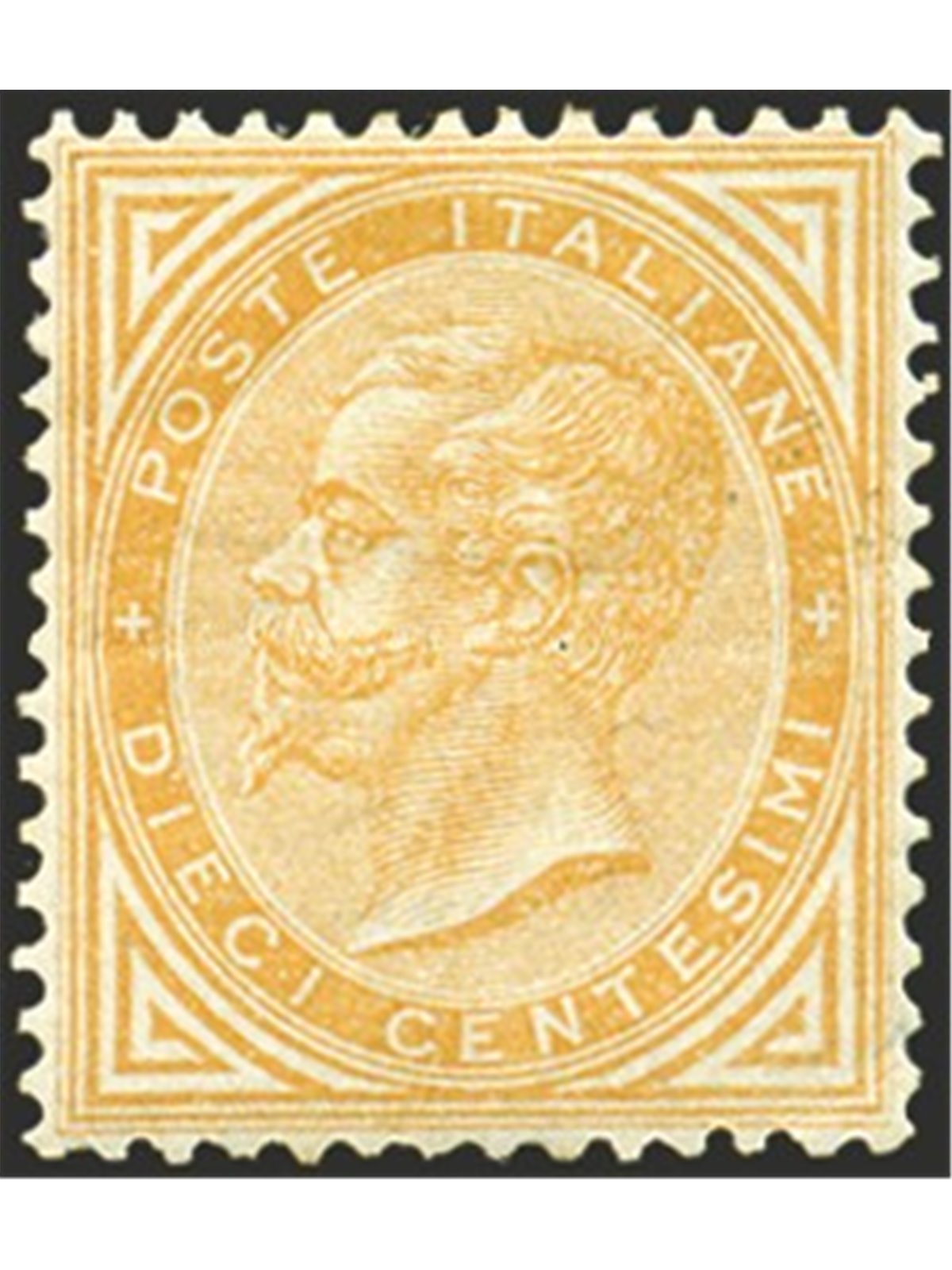 Italia 1863 Vitt. Emanuele 10 c. giallo n° T17 con ottima centratura Cert. Biondi Cat. € 19.000 (*)