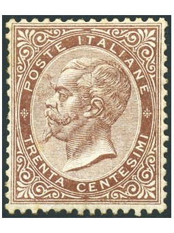 Italy 1863 Victor Emmanuel 30 c. brown no. L19 with excellent centring Biondi Certificate Cat. €30,000 (*)