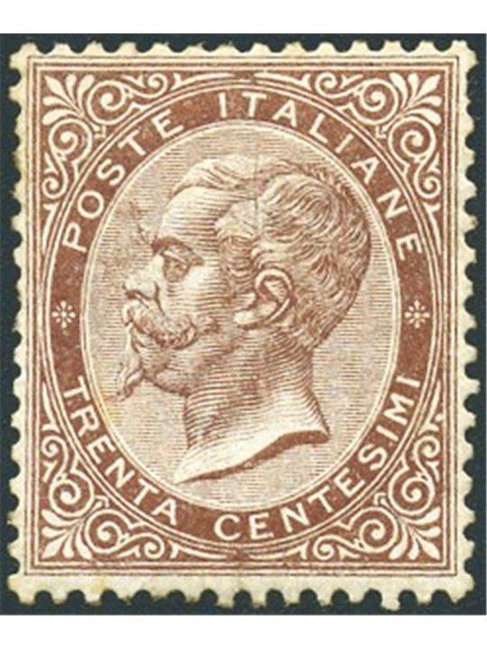 Italia 1863 Vitt. Emanuele 30 c. bruno n° L19 con ottima centratura Cert. Biondi Cat. € 30.000 (*)