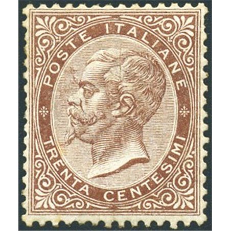 Italia 1863 Vitt. Emanuele 30 c. bruno n° L19 con ottima centratura Cert. Biondi Cat. € 30.000 (*)
