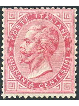 Italia 1863 Vitt. Emanuele 40 c. rosa carminio n° L20 con discreta centratura Cert. Biondi Cat. € 9.000 (*)