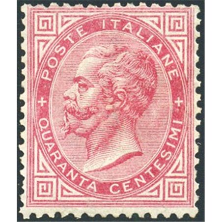 Italia 1863 Vitt. Emanuele 40 c. rosa carminio n° L20 con discreta centratura Cert. Biondi Cat. € 9.000 (*)