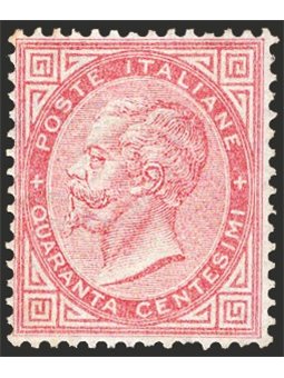 Italy 1863 Victor Emmanuel 40 c. carmine pink no. T20. Signed ‘ED’ and other marks. CiBaFil certificate. Cat. €4,500 (*)