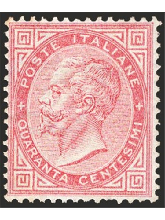 Italy 1863 Victor Emmanuel 40 c. carmine pink no. T20. Signed ‘ED’ and other marks. CiBaFil certificate. Cat. €4,500 (*)