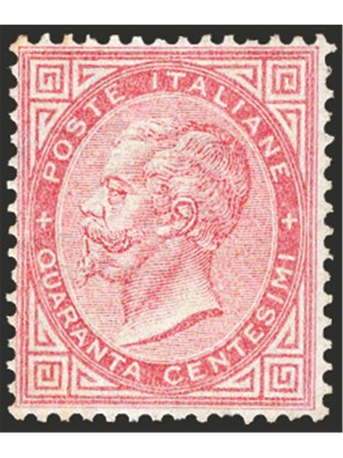 Italy 1863 Victor Emmanuel 40 c. carmine pink no. T20. Signed ‘ED’ and other marks. CiBaFil certificate. Cat. €4,500 (*)