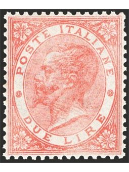 Italy 1863 Victor Emmanuel 2 £ scarlet no. L22 with excellent centring. Signed ‘Bolaffi ED’. CiBaFil certificate. Cat. €4,000 (*