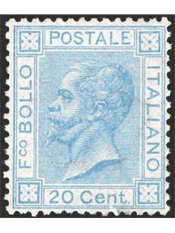 Italia 1867 Vitt. Emanuele 20 c. azzurro chiaro tiratura di Londra n° L26 con ottima centratura. Firm. Raybaudi AD ED Cert. Apic