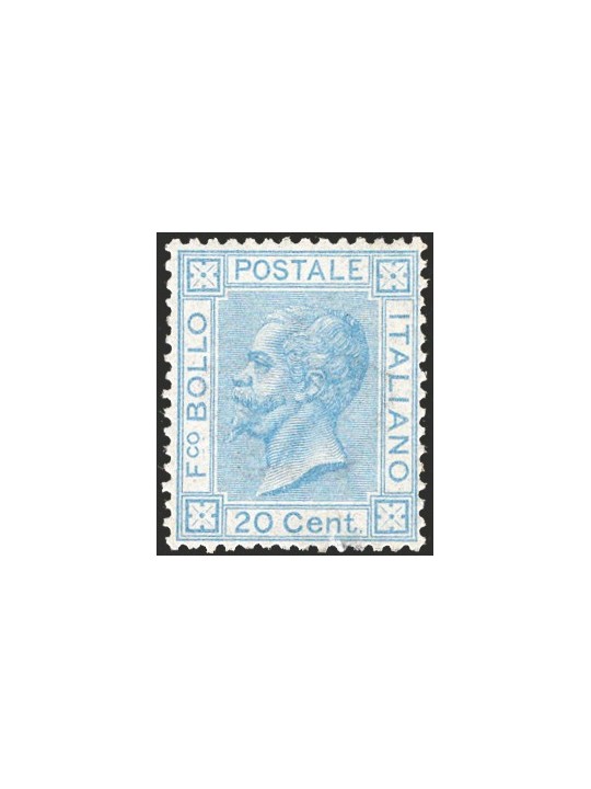 Italia 1867 Vitt. Emanuele 20 c. azzurro chiaro tiratura di Londra n° L26 con ottima centratura. Firm. Raybaudi AD ED Cert. Apic