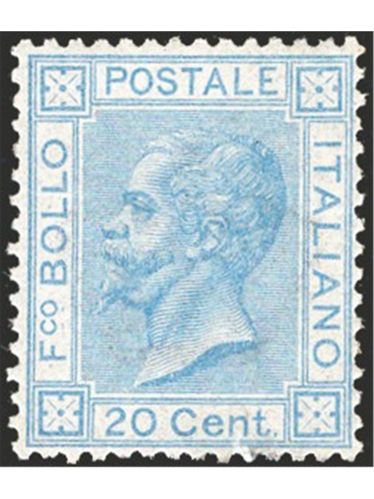 Italy 1867 Victor Emmanuel 20 c. light blue London print no. L26 with excellent centring. Signed by Raybaudi AD ED Apicella Cat.