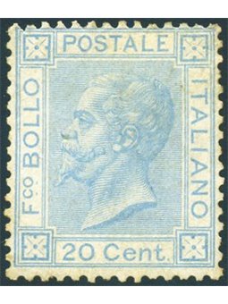 Italia 1867 Vitt. Emanuele 20 c. azzurro n° L26 con discreta centratura. Firm. ED Cert. Biondi Cat. € 8.000 (**)