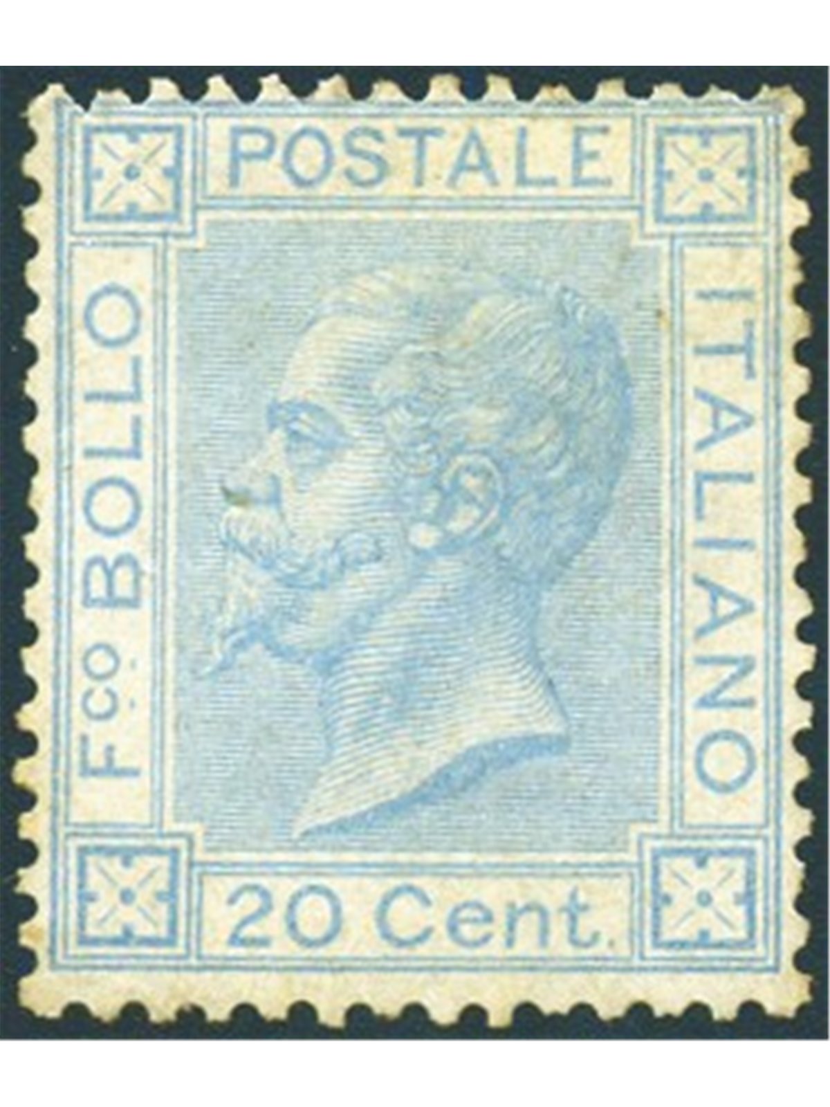 Italia 1867 Vitt. Emanuele 20 c. azzurro n° L26 con discreta centratura. Firm. ED Cert. Biondi Cat. € 8.000 (**)