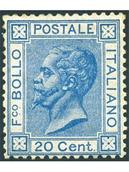 Italia 1867 Vitt. Emanuele 20 c. azzurro n° T26 con ottima centratura. Firm. AD ED ed altri Cert. Biondi Cat. € 5.000 (**)