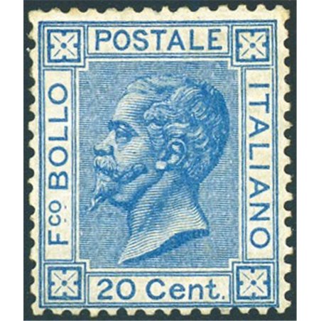 Italy 1867 Victor Emmanuel 20 c. light blue issue no. T26 with excellent centring. Signed AD ED and others. Certified by Biondi.
