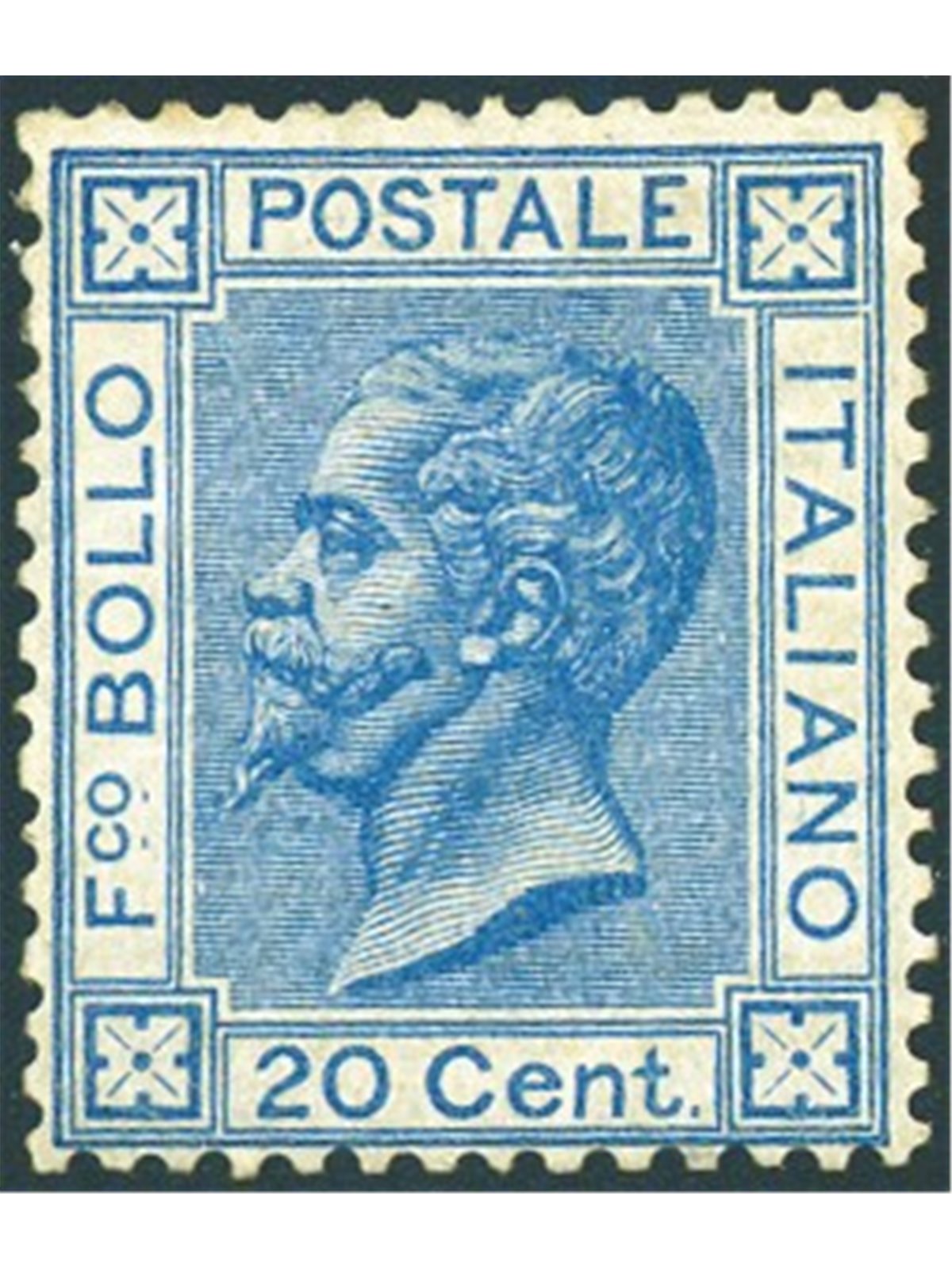 Italy 1867 Victor Emmanuel 20 c. light blue issue no. T26 with excellent centring. Signed AD ED and others. Certified by Biondi.