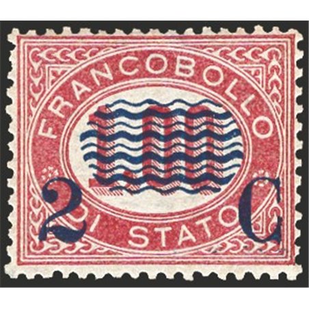 Italy 1878 1.00 £ lacquer stamp on 2 c. no. 33 with fair centring. Signed AD Raybaudi certified by CiBaFil catalogue price €2,25