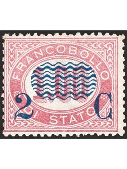 Italy 1878 1.00 £ lacquer stamp on 2 c. No. 33. Signed: Chia Raybaudi. Certified by Apicella. Catalogue price: €900 (**)