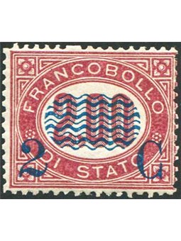 Italy 1878 2 c. on 2 £ No. 34 with fair centring. Certified by Sorani. Catalogue price: €900 (*)