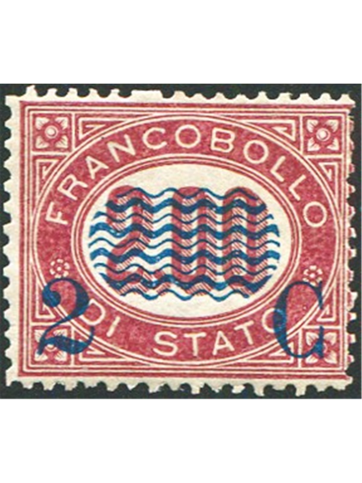 Italia 1878 Servizio 2 c. su 2 £ n° 34 con discreta centratura Cert. Sorani Cat. € 900 (*)