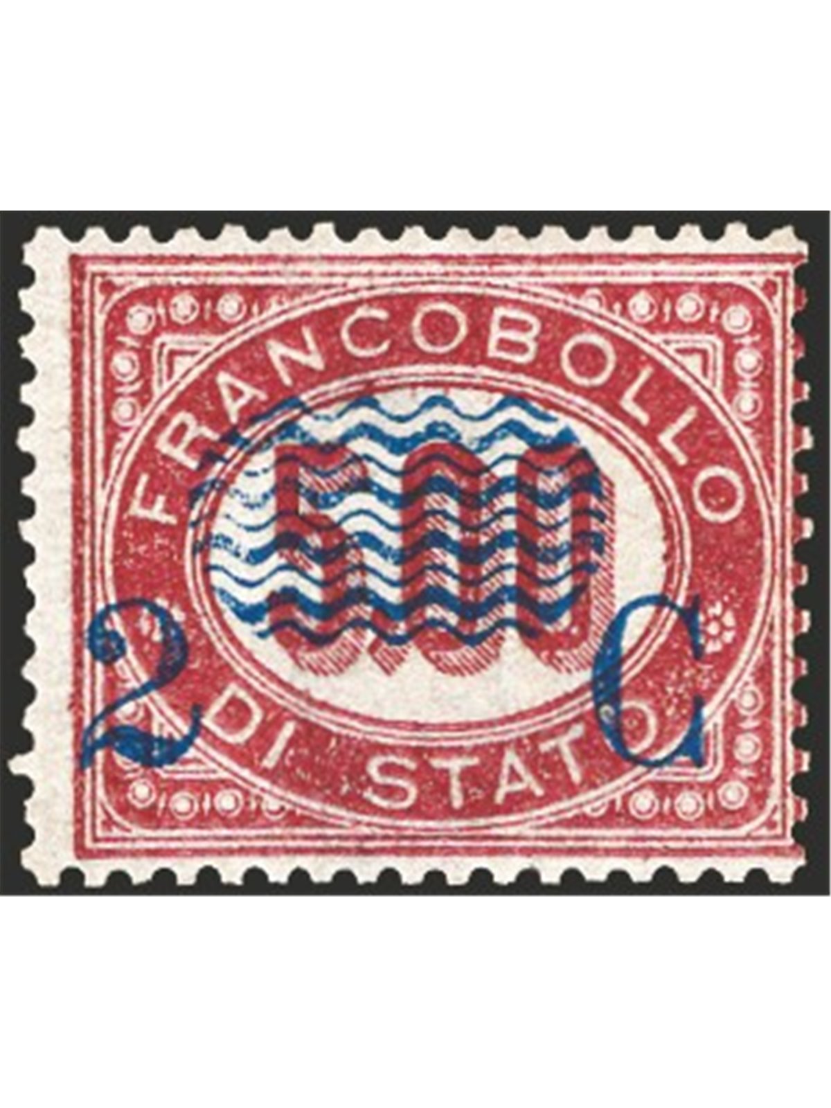 Italia 1878 Servizio 2 c. su 5 £ n° 35. Firm. Raybaudi AD Cert. Apicella Cat. € 1.250 (**)