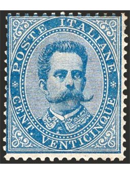 Italy 1879 Umberto I 25 c. light blue no. 40. Signed ‘AD’. Certified by CiBaFil. Catalogue price: €500 (*)
