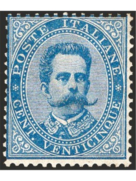 Italy 1879 Umberto I 25 c. light blue no. 40. Signed ‘AD’. Certified by CiBaFil. Catalogue price: €500 (*)