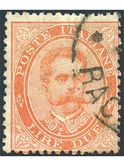 Italy 1879 Umberto I 2 £ orange no. 43. Certified by Biondi. Catalogue price: €650 (U)